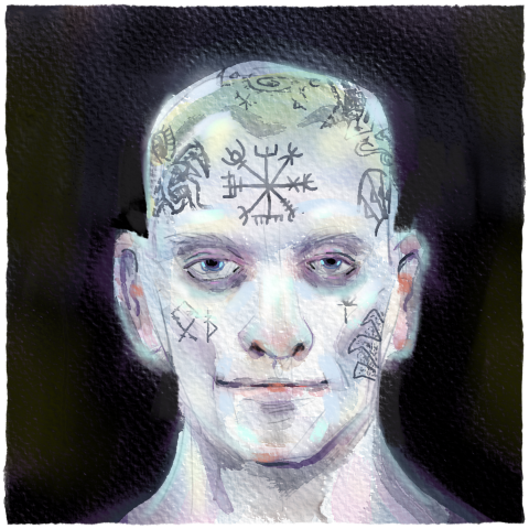 watercolor painting of a vampire with facial tattoos